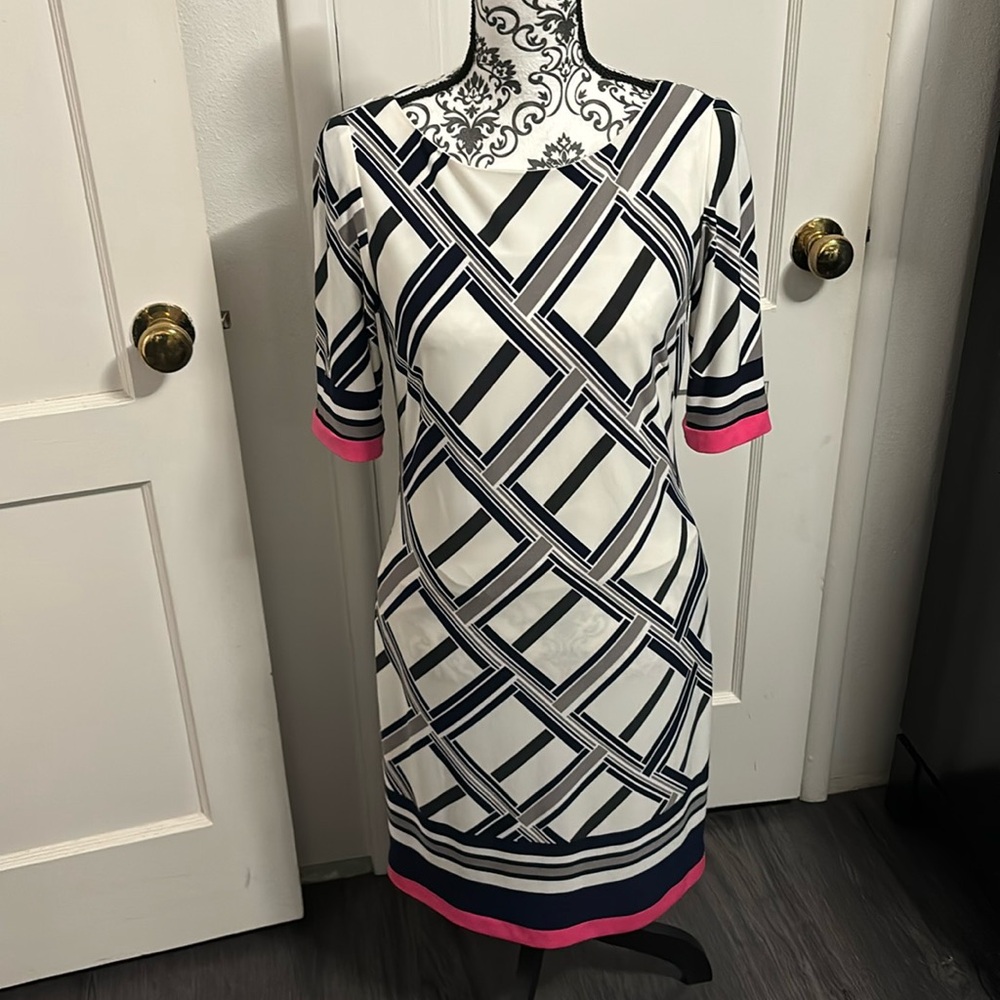 White/navy/gray dress with pink sleeves